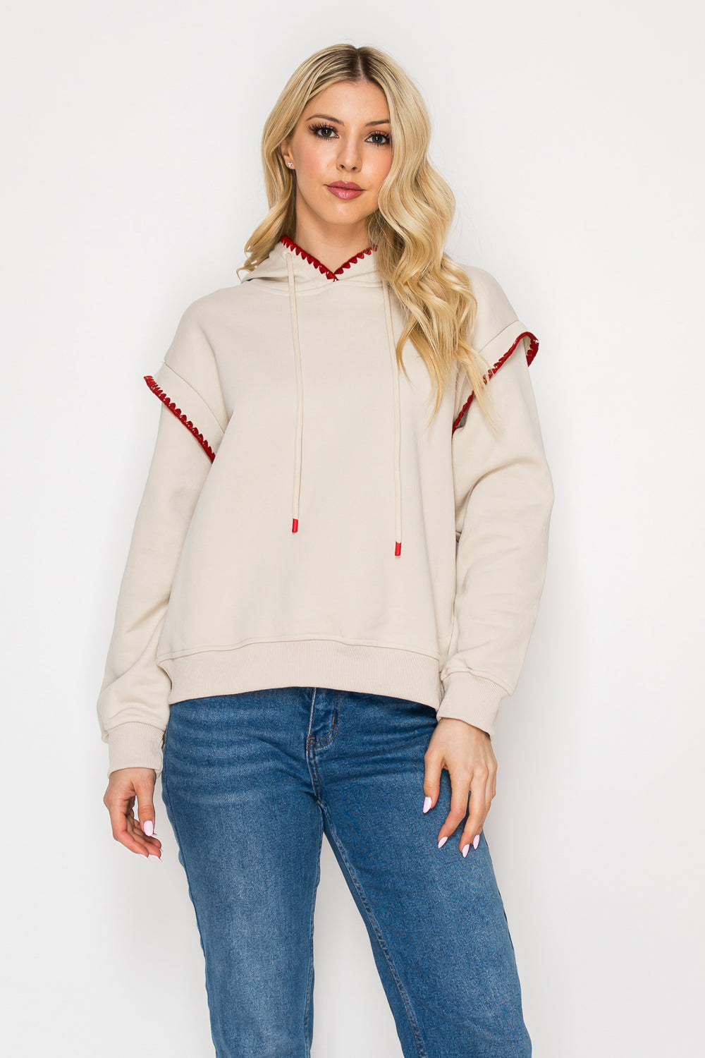Mia Embroidered Detail with Unique Stitching Hoodie Top
