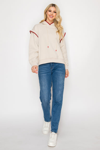 Mia Embroidered Detail with Unique Stitching Hoodie Top