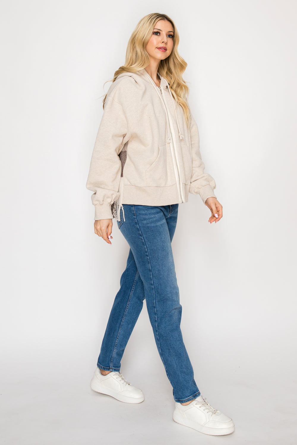 Emma Edgy Checkered Fringe Hoodie Top