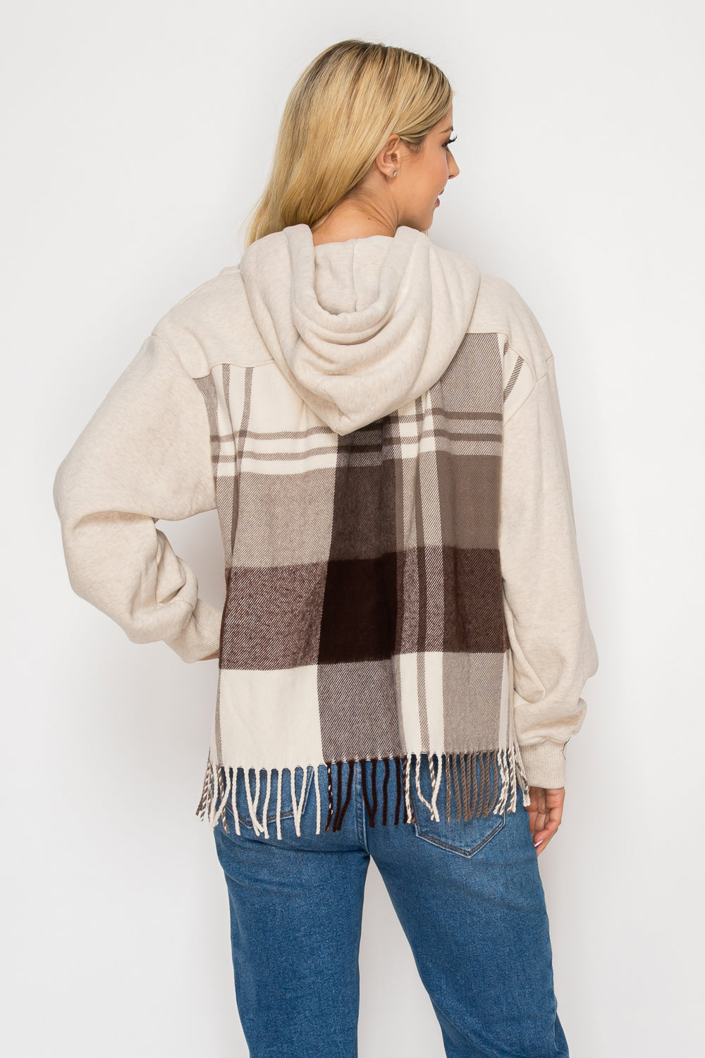 Emma Edgy Checkered Fringe Hoodie Top