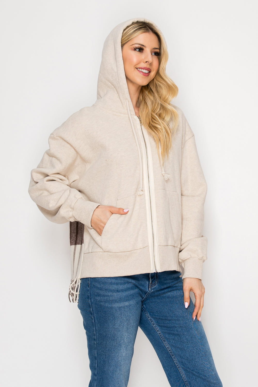 Emma Edgy Checkered Fringe Hoodie Top