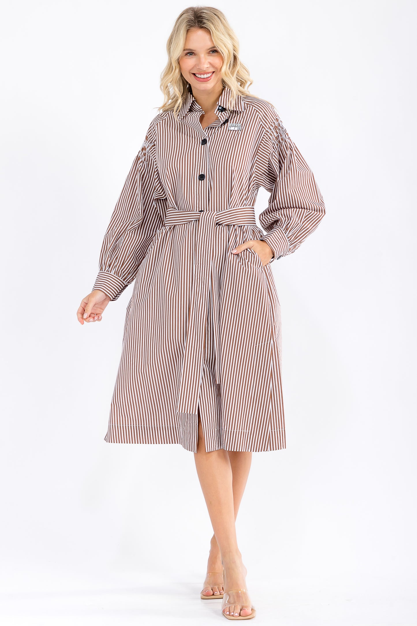 Sarang Striped Belted Shirt Dress